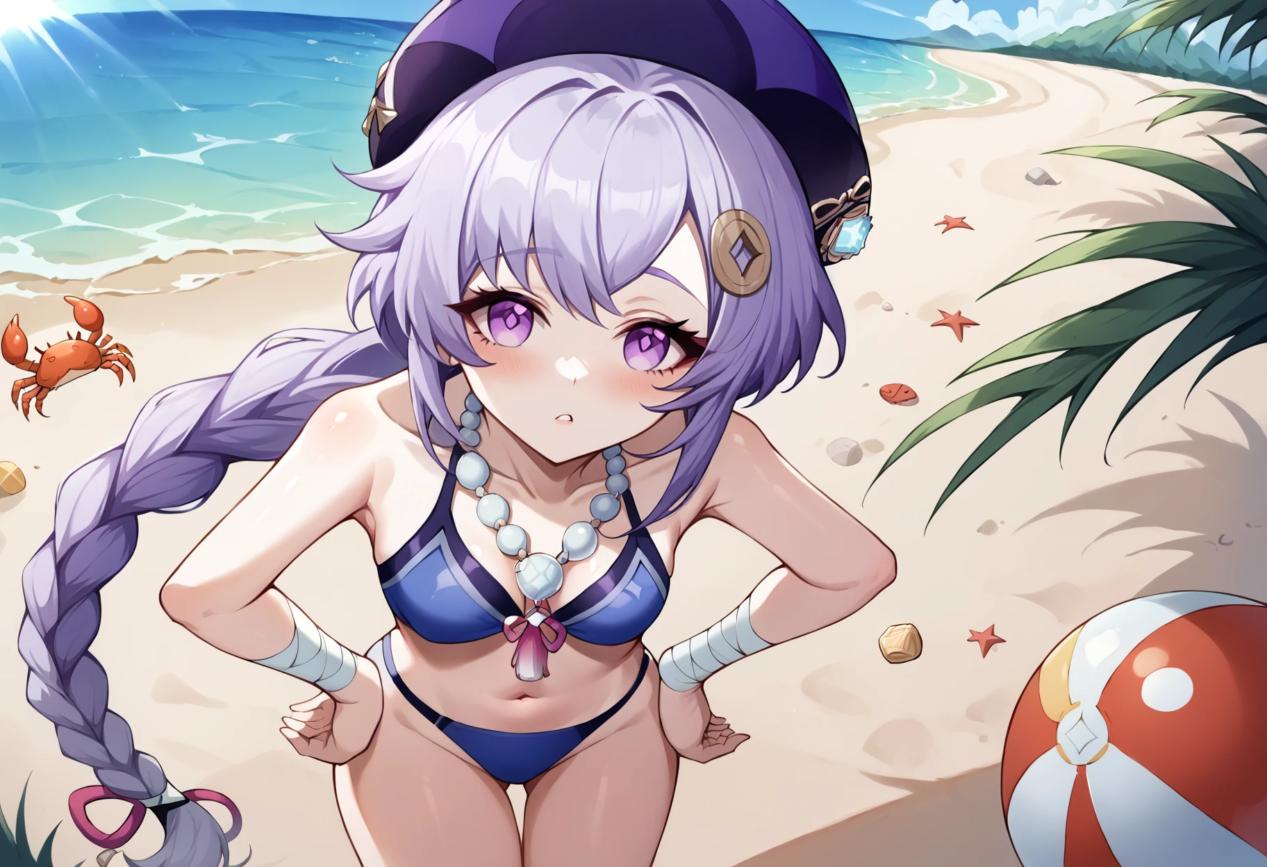 Naked, smoll stature, purple hair, rose eyes, flat tits, beach, short hair, chibi, naked, kneeling, show pussy, flat cheast, 8 years, cute girl, 1 girl, one girl 