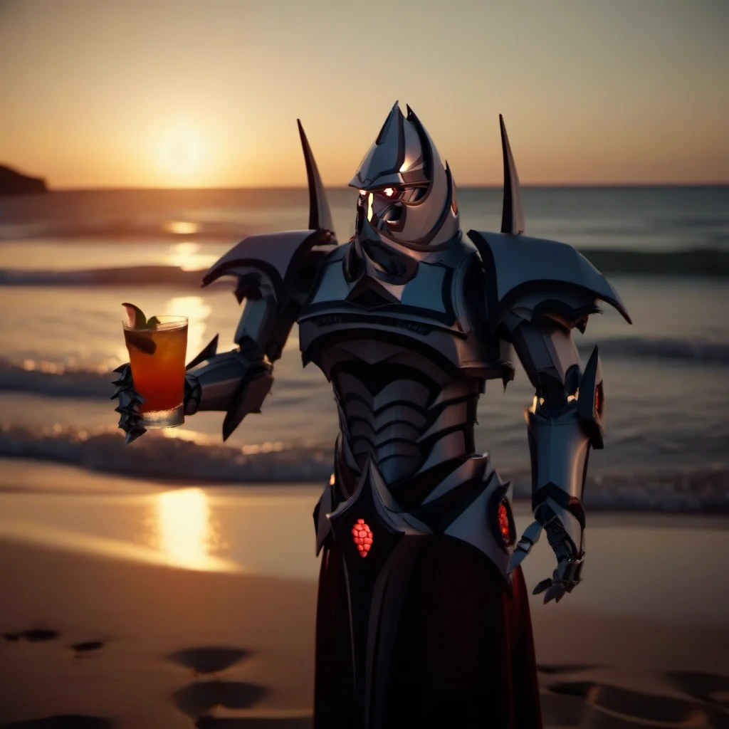 a robot having a cocktail on a beach, sunset  <lora:Alarak1024:0.8>