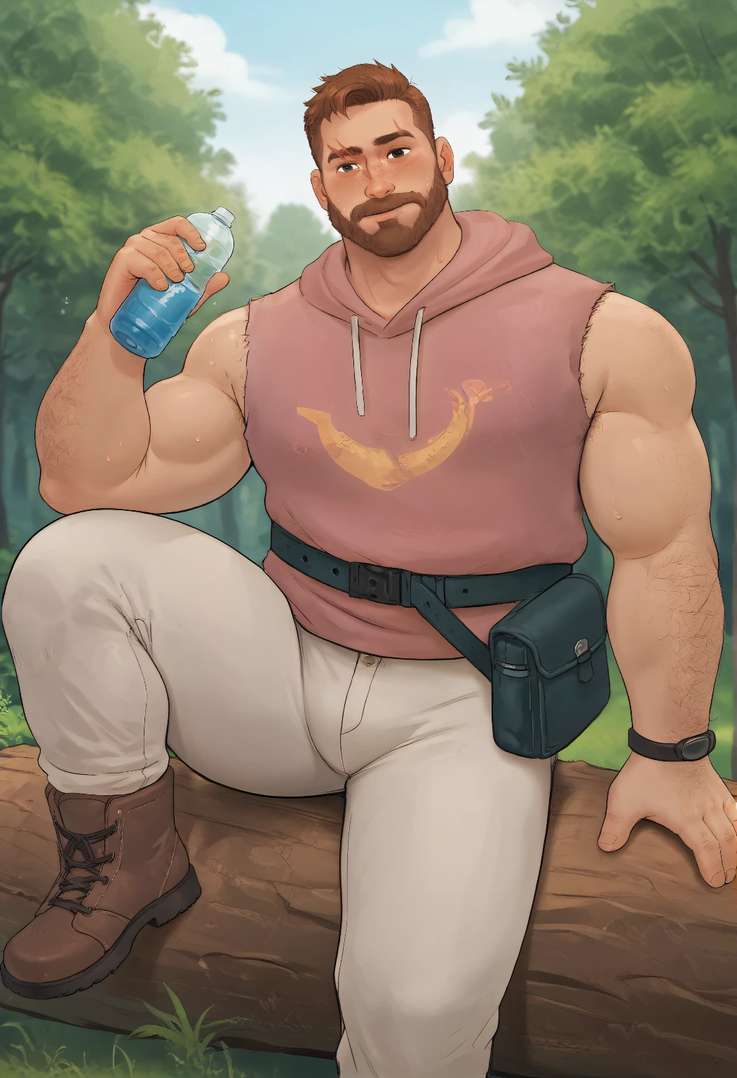 score_9_up score_8_up score_7_up, ((dutch angle)),

male focus, mature male, solo, (plump, burly, muscular),

((coralmark, Outfit Summer)), white pants, wristwatch, pink hoodie, sleeveless, fanny pack,

sitting on a log, holding a water bottle, one leg up, sweating, head tilted, looking at viewer, outside, forest,

((hairy, arm hair)),