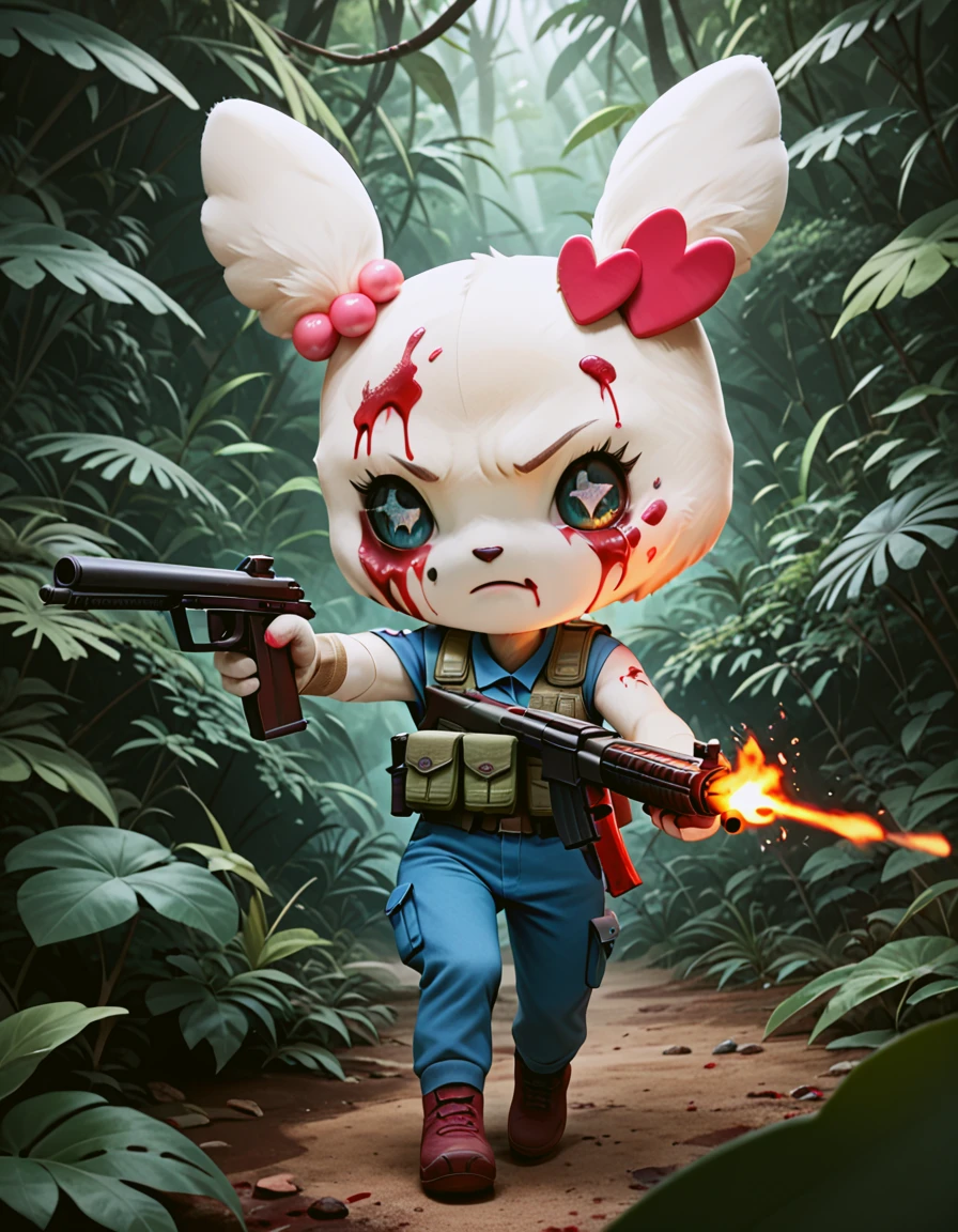 score_9, score_8_up, score_7_up, 
source_furry,
l0vel1tchi, holding machine guns, dual wielding,
paintings of war, bare chest, sanrio,
military plants, 
blood on face, blood on clothes,
action movie, movie still,
jungle background,
explosions, fire,
dynamic, motion blur,
 <lora:lovelitchi_r2:1>