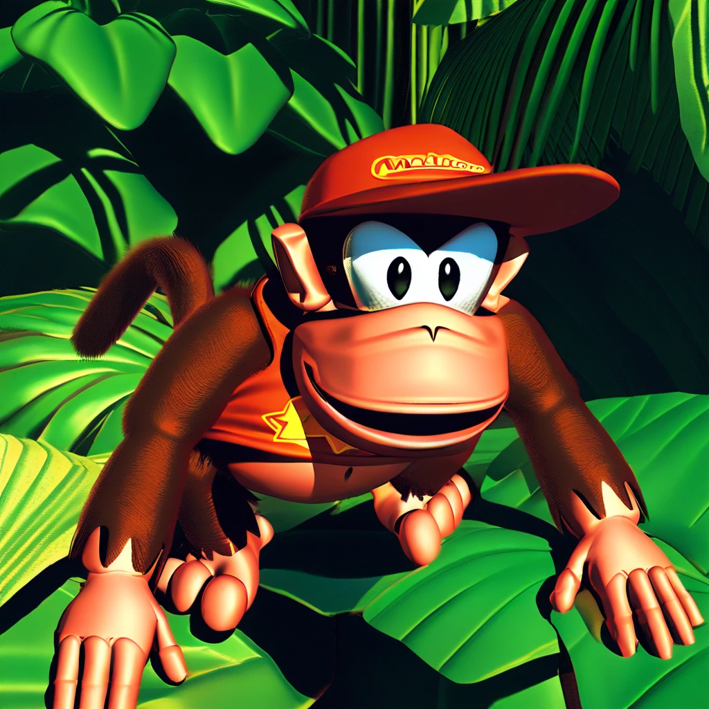 (source_furry, source_cartoon, score_9, score_8_up, score_7_up:1), solo male, diddy kong, kong, all fours, looking at viewer, 3d, outdoors, jungle