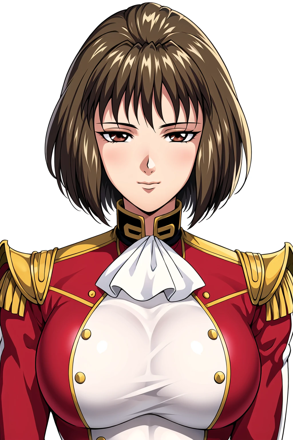 Simple White Background,
dynamic pose,standing at attention,
red uniform,red_jacket,long_sleeves,gold trim,White_ascot, buttons,White_Long_pants,
<lora:Luna_Armonia_Gunit-KK77-V2:0.7>,
brown_eyes, brown_hair, short_hair,bangs, bob_cut,
<lora:more_details:0.1>,<lora:Oda_Non_Style-KK77-V2:0.3>,<lora:Sexy_AIart-KK77-V1:0.3>,
1 girl, 20yo,Young female,Beautiful long legs,Beautiful body,
Beautiful Nose,Beautiful character design, perfect eyes, perfect face,expressive eyes,perfect balance,
looking at viewer,(Focus on her face),closed mouth, (innocent_big_eyes:1.0),(Light_Smile:0.3),
official art,extremely detailed CG unity 8k wallpaper, perfect lighting,Colorful, Bright_Front_face_Lighting,White skin,
(masterpiece:1.0),(best_quality:1.0), ultra high res,4K,ultra-detailed,
photography, 8K, HDR, highres, absurdres:1.2, Kodak portra 400, film grain, blurry background, bokeh:1.2, lens flare, (vibrant_color:1.2),professional photograph,
(Beautiful,large_Breasts:1.4), (beautiful_face:1.5),(narrow_waist),