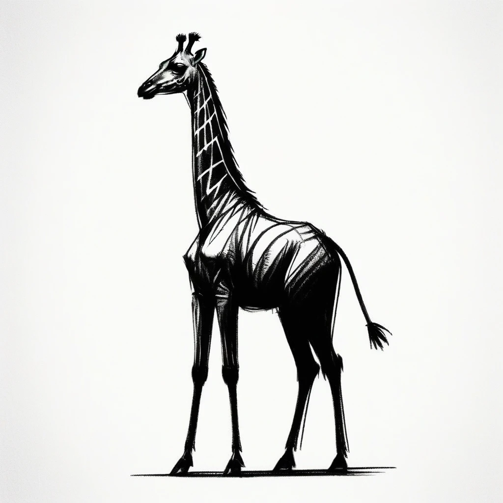 drawing of a graceful giraffe, standing sideways with simple, elegant lines. The black and white illustration captures the essence of the giraffe's long neck and legs, with its head turned to reveal a playful expression. The background is a clean, white void, allowing the viewer's focus to be solely on the captivating giraffe., illustration