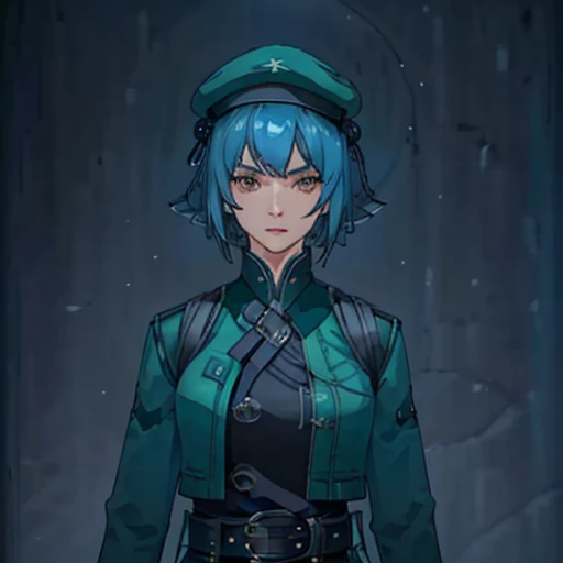 masterpiece, best quality, perfect image, best image, wallpaper, HD, UHD, best lighting, amazing, 1girl, solo, solo focus, guard, short hair, blue hair, green jacket, green hat, 