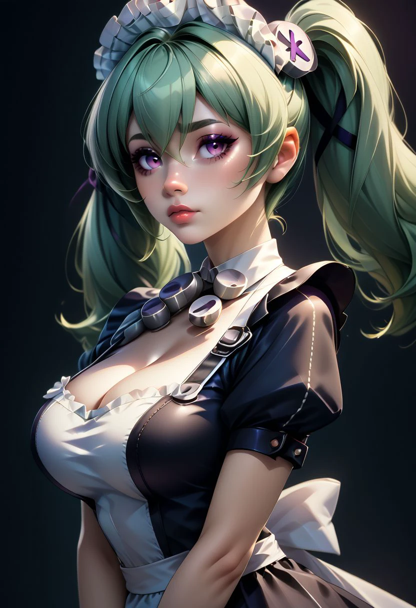 score_9, score_8_up, score_7_up, score_6_up, score_5_up, score_4_up score_9,score_8_up, digital art, upper body shot, realistic 3D illustration, 
(big breasts, cleavage,),
BREAK,
corin wickes, 1girl, green hair, purple eyes, hair between eyes, twintails, maid headdress, puffy short sleeves, black dress, white apron,
BREAK,
, soft lighting, contemplative expression, dark background, subtle makeup, high-resolution, detailed texture, emotional depth, dramatic mood, side profile, serene atmosphere, cinematic lighting. perfectly round breasts, big breasts, firm breasts, SkinHairDetail, eye contact