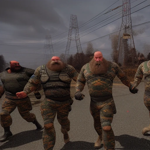 camouflage, power lines, bald, car, facial hair, assault rifle, motor vehicle, standing, beard, 4boys, outdoors