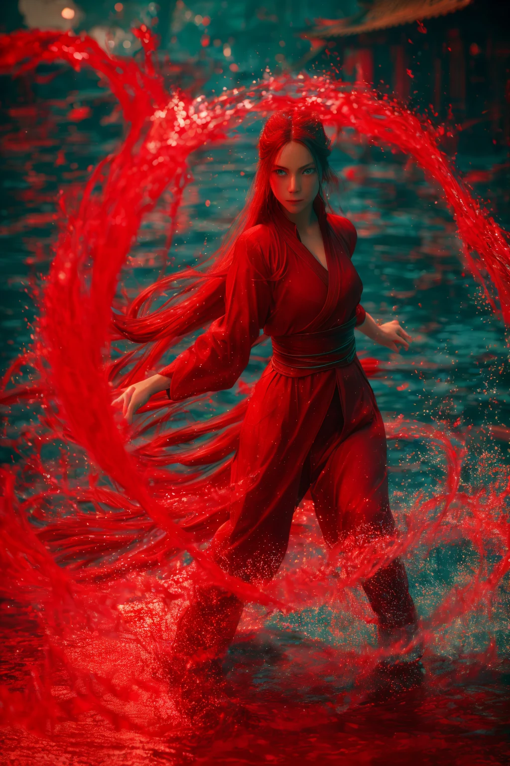 dancing,fighting stance,red-water-aura,using red-water-magic,red-water-magic,1girl,solo,long hair,blue eyes,common face,full body,<lora:magic_fighting_red_512_15:0.8>,