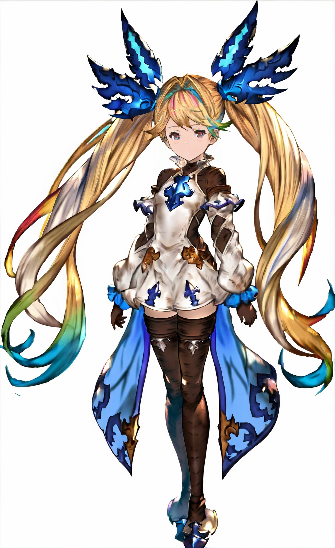 8k, best quality, masterpiece, (ultra-detailed), (high detailed skin), (white background:1.3), 
(full body), (white background), standing, looking at viewer, (solo), 
<lora:GBFV1-kohaku-Tanger:0.75>, lo (granblue fantasy), lo's def clothes, Game's style, 1girl, solo, twintails, blonde hair, long hair, multicolored hair, 
full_shot,