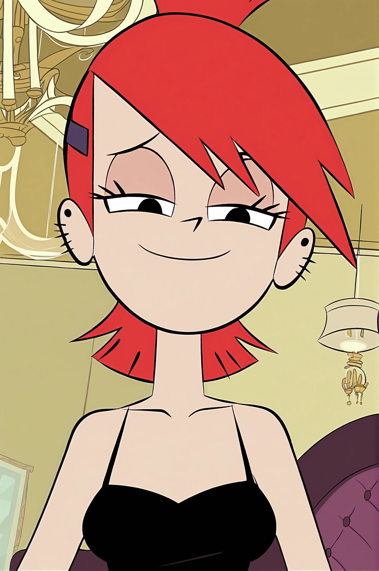 FrankieFoster, expensive bedroom, chandelier, black dress, smug, beautiful, crawling on viewer, from below, collarbone , head tilt, on viewer , <lora:FrankieFosterCartoonXL-10:0.8>