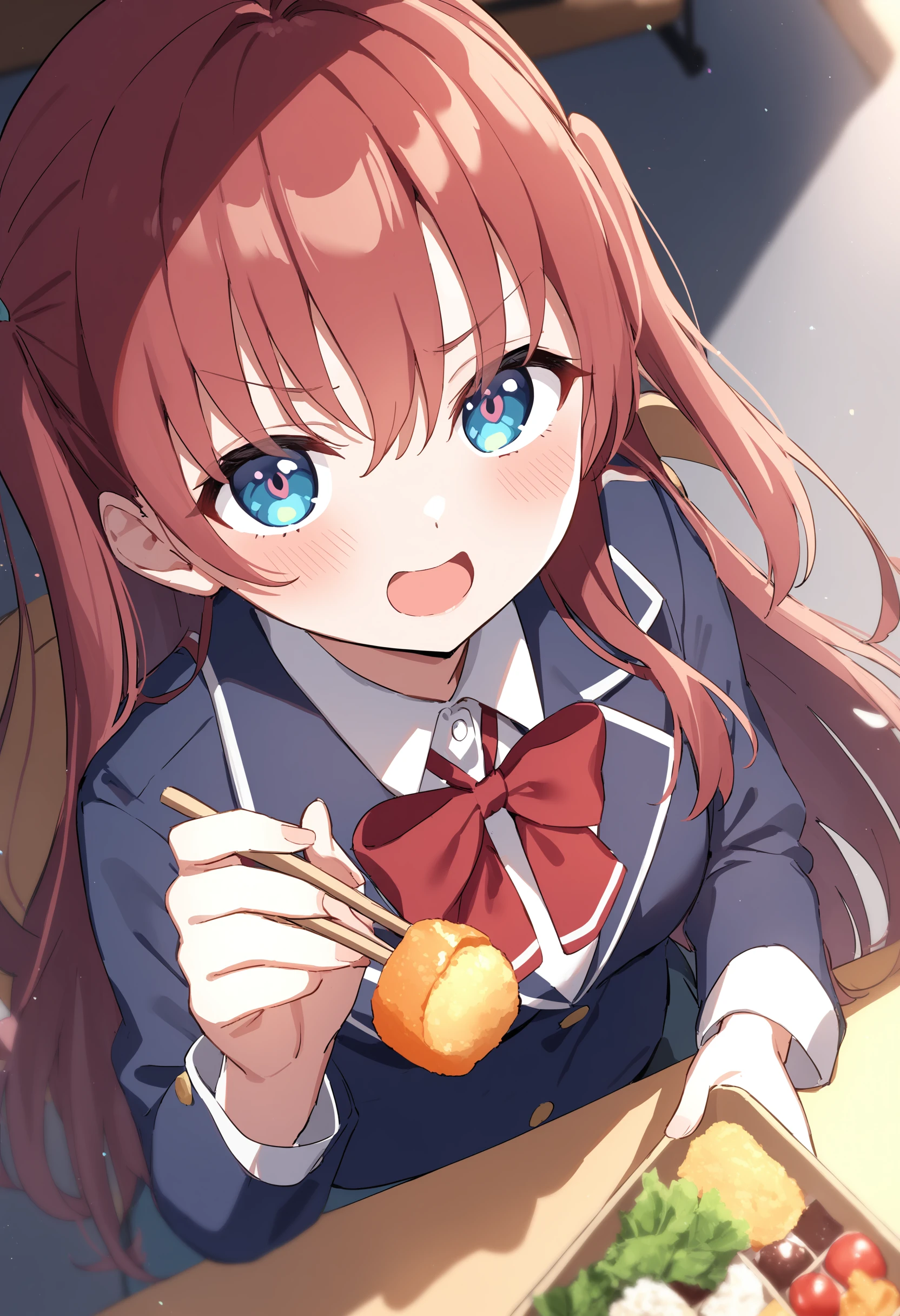 1girl,sincos, ningen mame, toosaka asagi,solo,medium breasts,school uniform,
feeding, food, open mouth, incoming food, looking at viewer, holding chopsticks, bento, <lora:feeding_XL_v1:0.9>
from above, fisheye lens, red hair, gray eyes,furled brow, theater, bowl cut hair,,
best quality, very aesthetic, absurdres