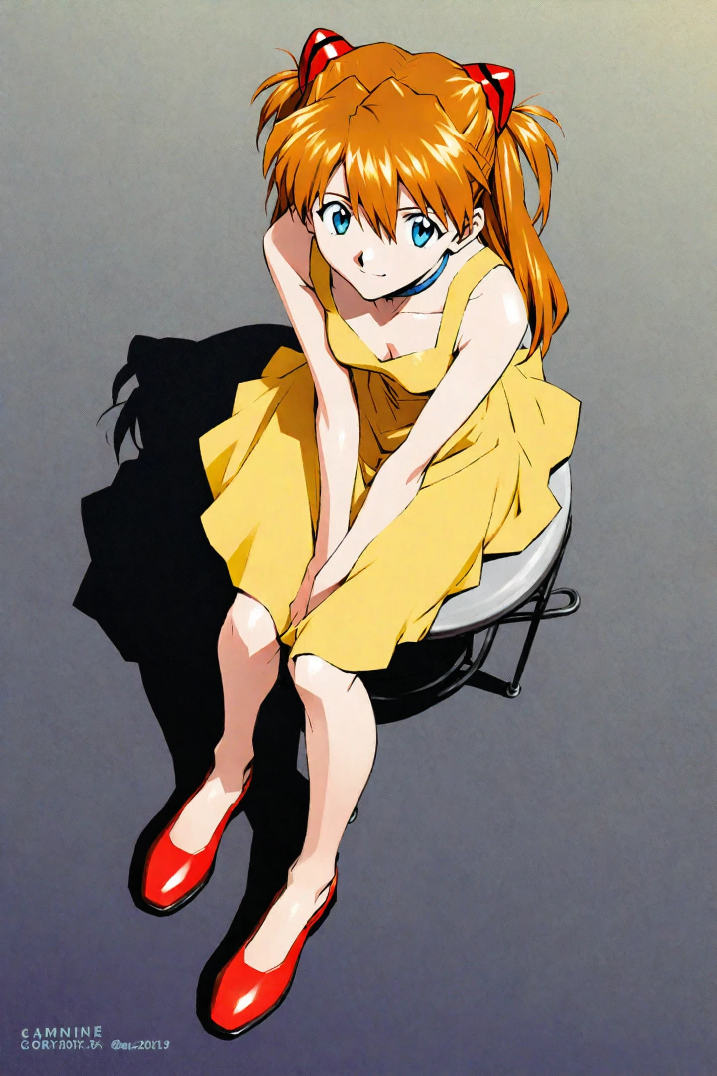 Sadamoto Yoshiyuki Style,
1girl,souryuu asuka langley,yellow dress,dress,solo,shadow,long hair,blue eyes,breasts,gradient,orange hair,gradient background,smile,choker,sitting,shoes,bangs,full body,cleavage,looking at viewer,small breasts,bare shoulders,from above,two side up,yellow background,v arms,light smile,sleeveless,hair ornament,closed mouth,sleeveless dress,
<lora:super lora_flyx3_XL:0.8>,