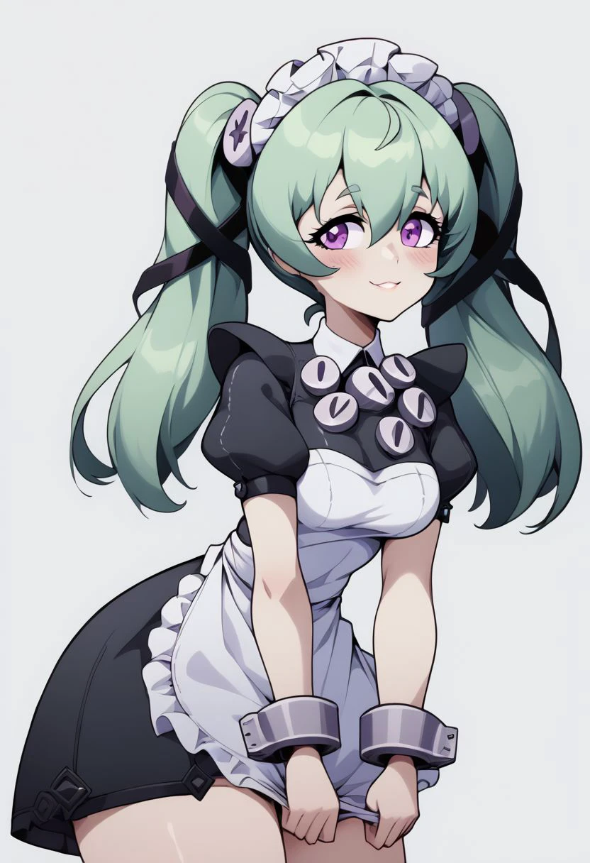 score_9, score_8_up, score_8, medium breasts, (curvy), cute, eyelashes,       
leaning forward, blush, smile, 
corin wickes, 1girl, green hair, purple eyes, hair between eyes, twintails, maid headdress, puffy short sleeves, black dress, white apron,  
zPDXL, p4st3lg0r3