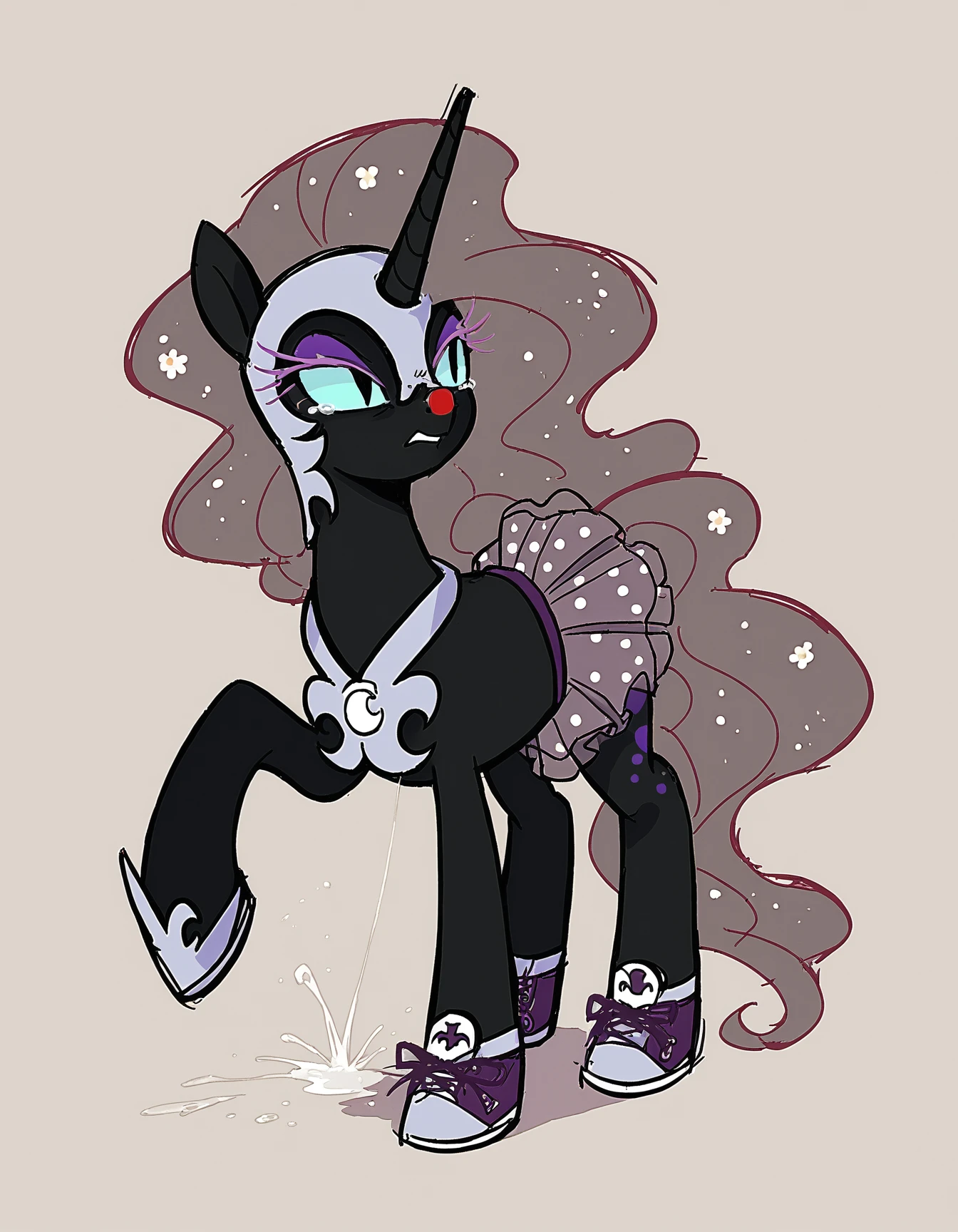 zPDXL, score_9, score_8_up, score_7_up, source_anime, flat color,
1girl, solo, <lora:StickySweet_v3:1> stkyswt, sketch, black eyes, mlp, pony , nightmare moon \(mlp\), clown, red plastic nose, white face paint, wearing a striped oversized colorful blazer,polka-dot skirt,colorful sneakers, orange straight hair, squirting flower, tear drop design,