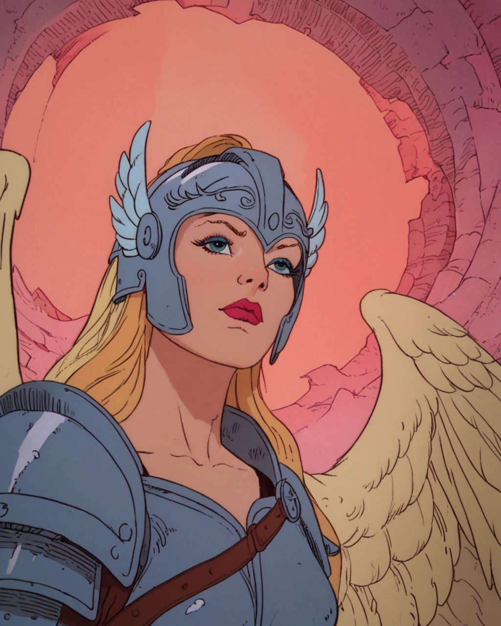 score_9, score_8_up, score_7_up, zPDXL,<lora:Heavy_Metal_Style_PDXL:1> HMstyle, 1girl, blonde hair, Valkyrie, full armor, winged helmet, wings