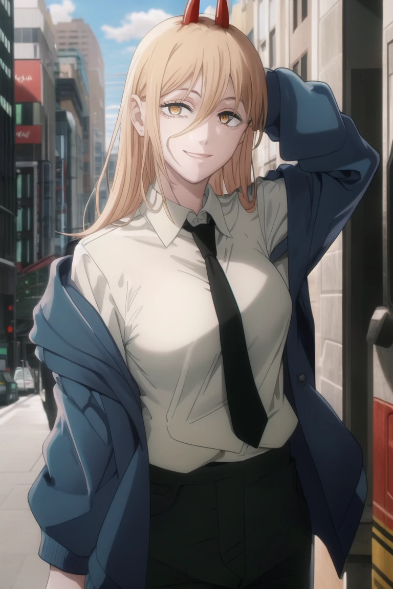 power, 1girl, smile, looking at viewer, blue jacket, off shoulder, white shirt, collared shirt, black necktie, black pants, city, day, blue sky