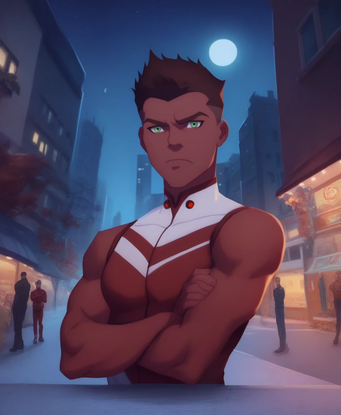 <lora:Beastboy:1>, score_9, score_8_up, score_7_up,  1boy, looking at viewer, beastboy, red bodysuit, crossed arms, frown, muscular male, street, city, night sky, moon, upper body,