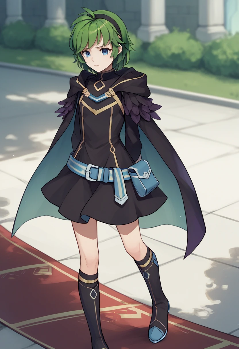 score_9, score_8_up, score_7_up, source_anime BREAK 1girl, solo, leaning back, closed mouth, <lora:nino-fe-richy-v1_pdxl:1> ninoresp, blue eyes, green hair, short hair, antenna hair, black hairband, feathered cloak, black dress, blue belt, belt pouch, black kneeboots, arms behind back