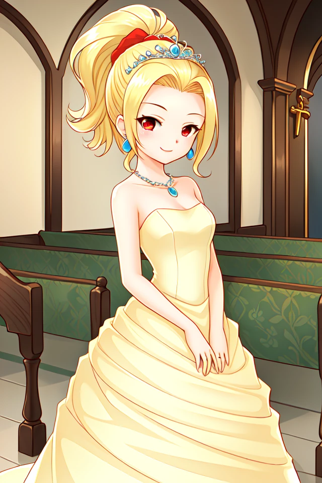 1 girl,indoors, church, standing, smile,
 <lora:Harvest_Moon_Hero_of_Leaf_Valley_-_Gwen:0.5> holvgwen, blonde hair, red eyes, ponytail, red scrunchie, earrings, forehead,
tiara, wedding dress, yellow dress, sleeveless dress, bare shoulders, necklace,