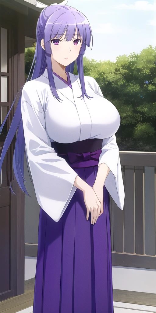 <lora:MiyaV2:0.7> asama_miya, huge_breasts, standing, solo, white_hair hair_ribbon, Miko_White_kimono_Purple_hakama_skirt_Wide_sleeves_Purple_sash, masterpiece, best_quality, detailed_face, detailed_eyes, highres, beautiful, detailed, absurdres,