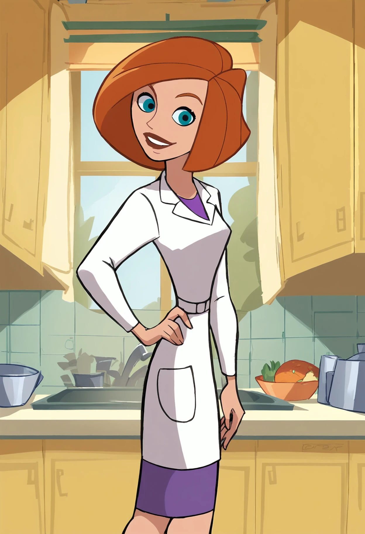 <lora:AnnPossiblePony1.0:1>annp, solo, 1girl, orange hair, blue eyes, short hair, labcoat, purple skirt, score_9, score_8_up,smile, score_7_up, score_6_up, score_5_up, score_4_up, looking at viewer, hand on own hip, cowboy shot,kitchen,