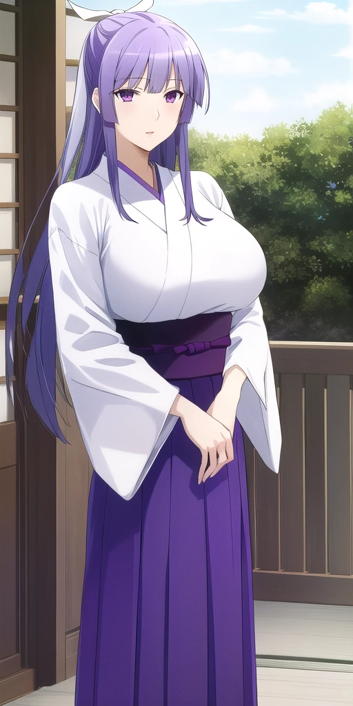 <lora:MiyaV3:0.7> asama_miya, huge_breasts, standing, solo, white_hair hair_ribbon, Miko_White_kimono_Purple_hakama_skirt_Wide_sleeves_Purple_sash, masterpiece, best_quality, detailed_face, detailed_eyes, highres, beautiful, detailed, absurdres,