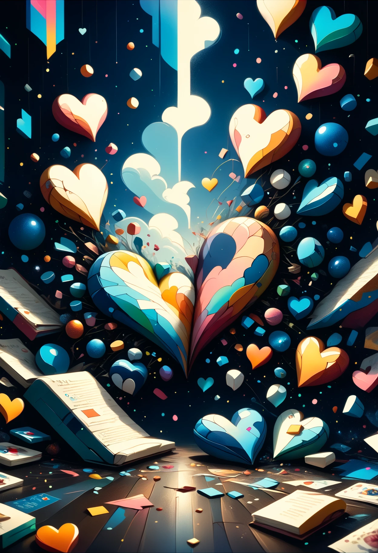 DonMFr4ctur3dD1ffXL valentines day, handmade, intimate, heart-shaped confetti, acts of kindness and affection, mountain view, watching the sunrise together from a mountaintop, moonlit ,score_9, score_8_up, score_7_up, score_6_up, score_5_up <lora:DonMFr4ctur3dD1ffXL-pony:1>