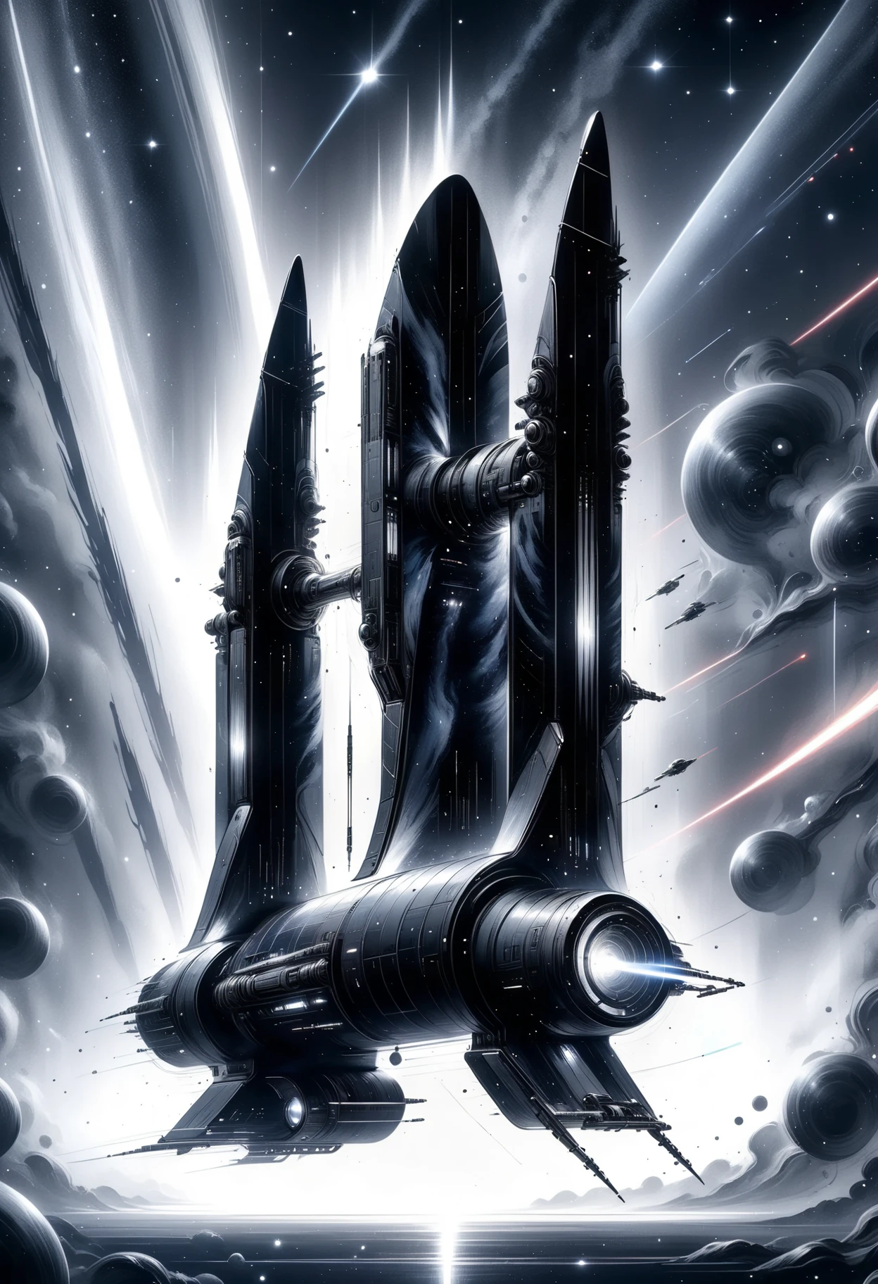 DonMN0c7urn4l1nkXL ink,scifi large cylindrical starfighter, warp drives, aluminum alloys,  laser communication arrays,electrochromic windows,solar panel arrays   <lora:DonMN0c7urn4l1nkXL:1>