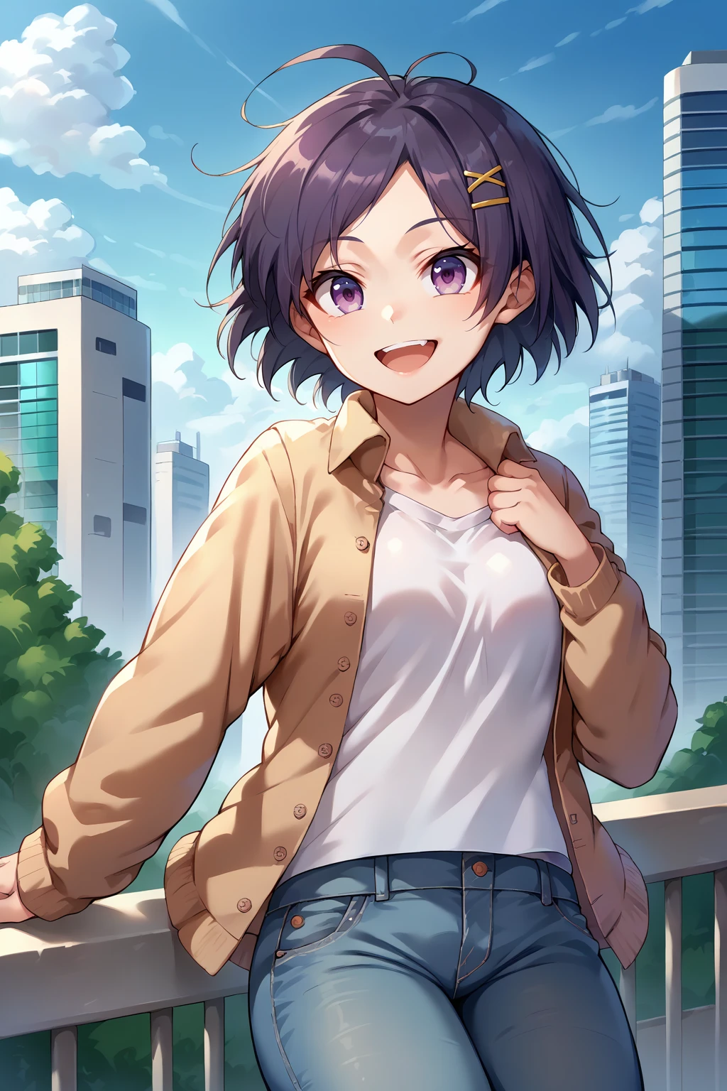 score_9, score_8_up, score_7_up, source_anime, looking at viewer, smile, open mouth, kmchkgy, purple eyes, short hair, hairclip, open cardigan, shirt, jeans, outdoors, leaning back, against railing, outdoors, wind, blue sky, skyscraper, <lora:Hoseki_Oregairu_KomachiHikigaya_PDXL_v1:1>