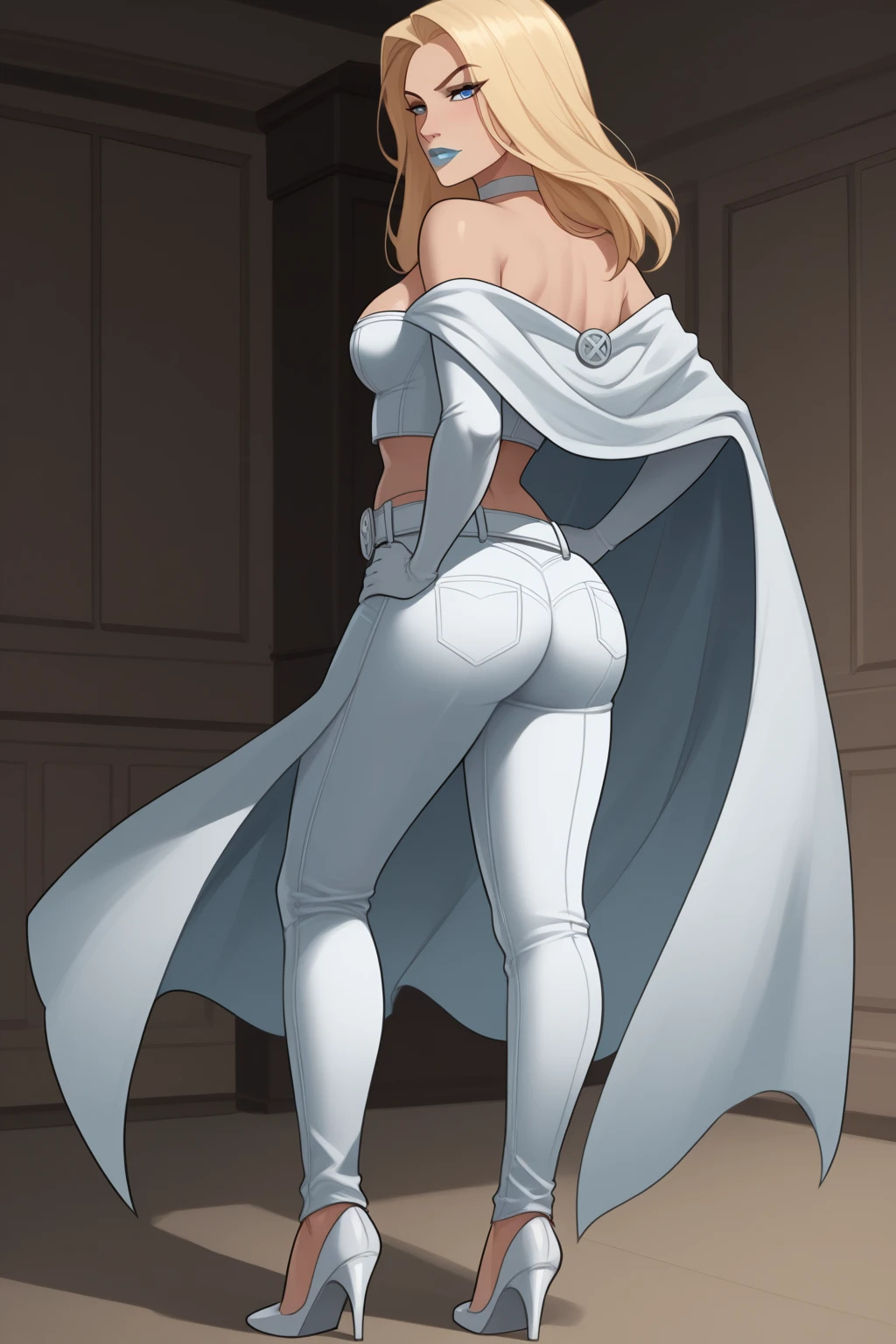 source_cartoon, score_9, score_8_up, score_7_up, score_6_up, <lora:add-detail-xl:1>, ((zPDXL2)), (perfect anatomy) BREAK <lora:Emma_Frost:0.8> emma frost, long hair, blonde hair, blue eyes, solo, raised eyebrow, flirting, ((looking back at viewer)), lipstick, makeup, choker, bare shoulders, midriff, cape, elbow gloves, belt, pants, heels, medium breasts, plump ass, curvy, toned, athletic, thigh gap, standing, hands on hip, in bedroom, indoors