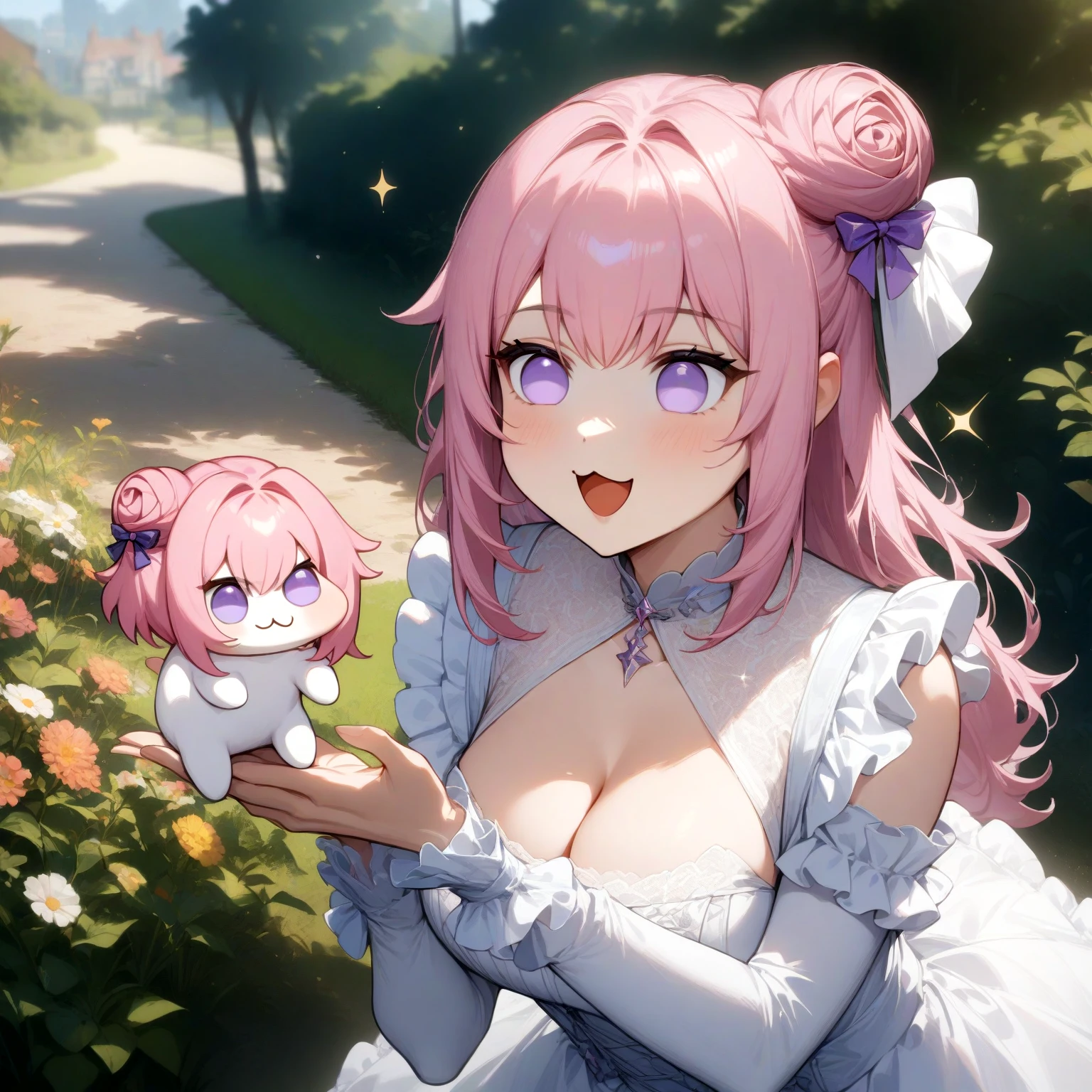 <lora:doro_xypher_amxl_v1:1> 1girl, 1other, doro, \:3, chibi, solid circle eyes, no pupils, white skin, creature
, pink hair, purple eyes, single side bun, hair bow
, masterpiece, best quality, very aesthetic, absurdres
, holding creature, white dress, frills, cleavage, sparkle, open mouth, [realistic::0.2], outdoors, garden