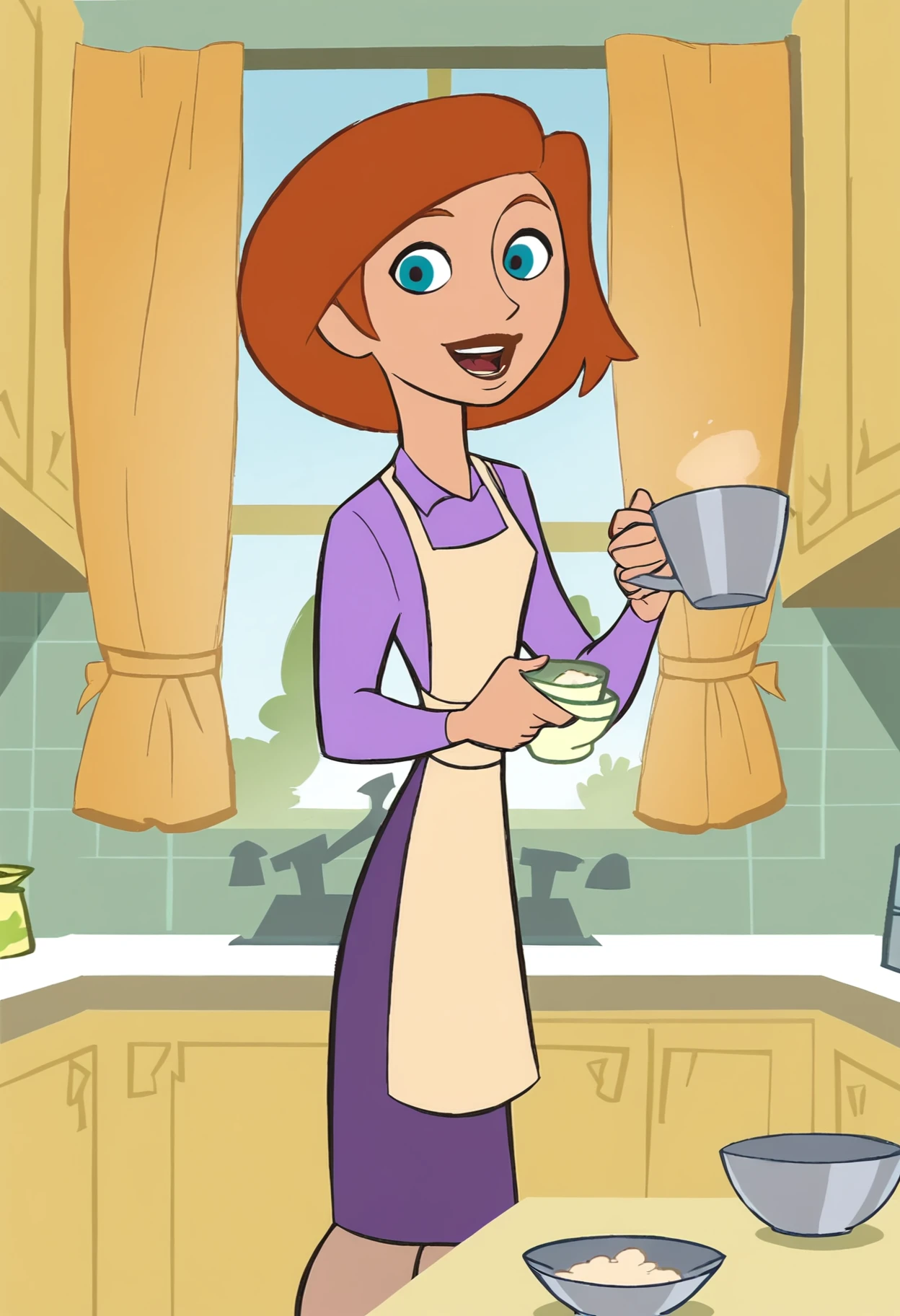 <lora:AnnPossiblePony1.0:1>AnnP, 1girl, solo, apron, blue eyes, short hair, orange hair, open mouth,holding, cup, purple dress, kitchen, smile, flat color, long sleeves, window, curtains, indoors, pantyhose, purple skirt, score_9, score_8_up, score_7_up, score_6_up, score_5_up, score_4_up, looking at viewer,