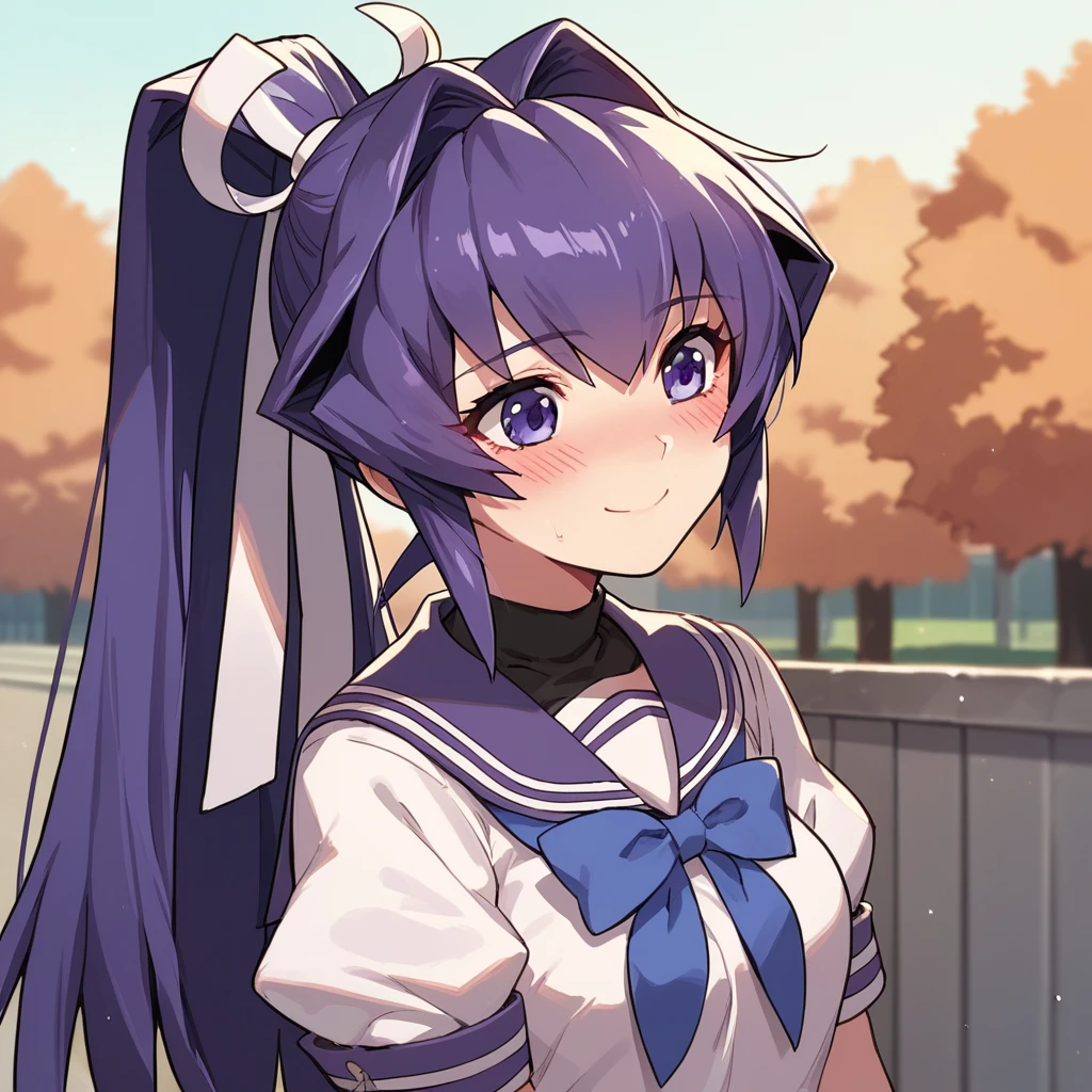 score_10, score_9, score_8_up, score_7_up, source_anime, BREAK, 1girl, Meiya, cute, smile, blush, school uniform, outside, sunny day, purple Juliet sleeves