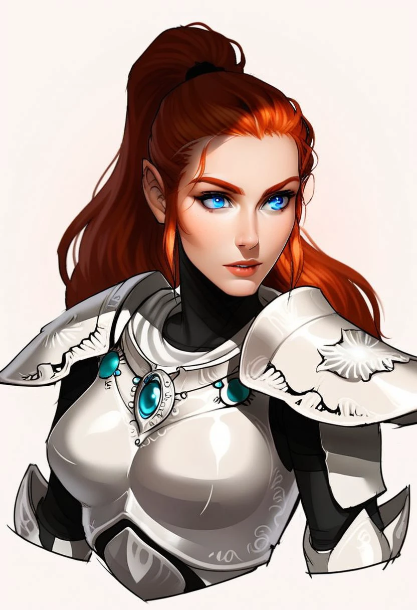 1girl, eldar, redhead, white armor, portrait, blue eyes, long hair, ponytail