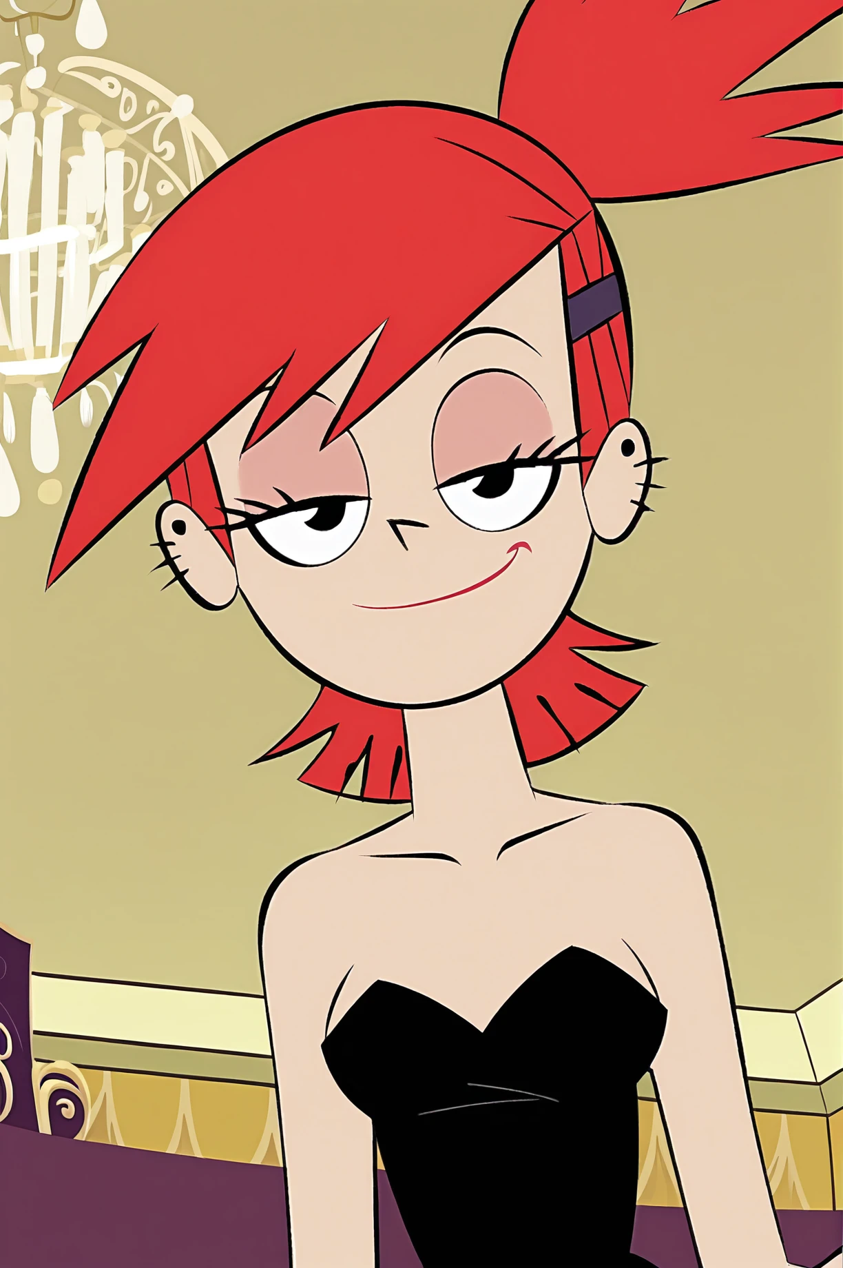 FrankieFoster, solo, expensive bedroom, chandelier, black fancy clothes , smug, smirk, beautiful, from below, collarbone , head tilt, <lora:FrankieFosterCartoonXL-10:0.8>