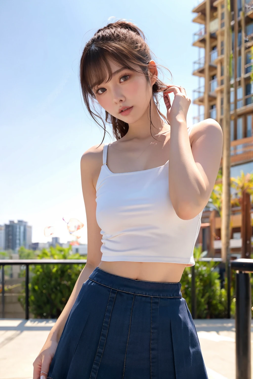 <lora:Arina_Hashimoto_kk:0.8>,1girl,solo,realistic,photorealistic,ultra detailed,looking at viewer,upper body,arina hashimoto,crop top,skirt,building, locations/building,