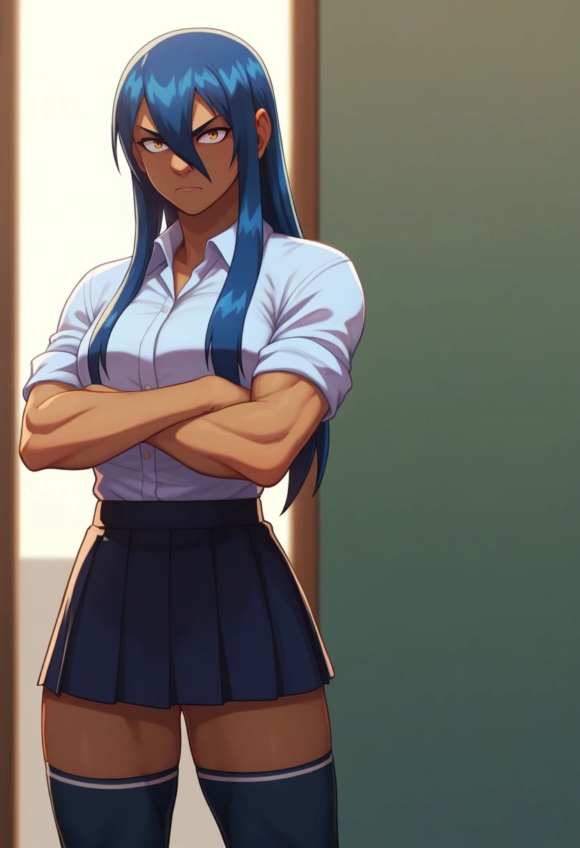 score_9, score_8_up, score_7_up, BREAK <lora:gogobomango-guy-PONYv1:.9>, gogobomango, 1girl, solo, dark skin, dark-skinned female, blue hair, hair between eyes, toned, skirt, thighhighs, collared shirt, crossed arms,