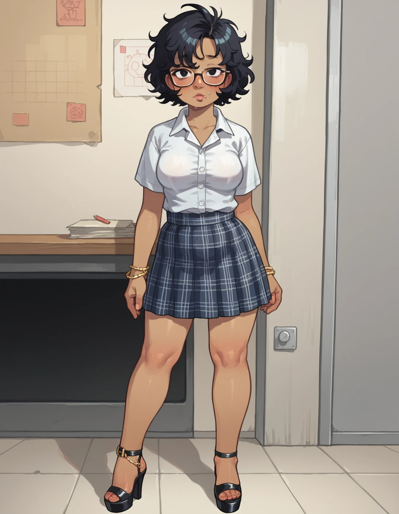 zPDXL, score_9, score_8_up, score_7_up, source_anime,
1girl, solo, teacher wearing a classic black silk blouse, plaid skirt, wedge heels, delicate gold chain, soft lipstick,  <lora:PossumMachine_v2:0.8> possmach, <lora:GinoXL:0.8> ginoxl, black hair, glasses, fat, short, black eyes, wavy hair, short hair, messy hair, tanned, petite, thick thighs, medium breasts, big nose,