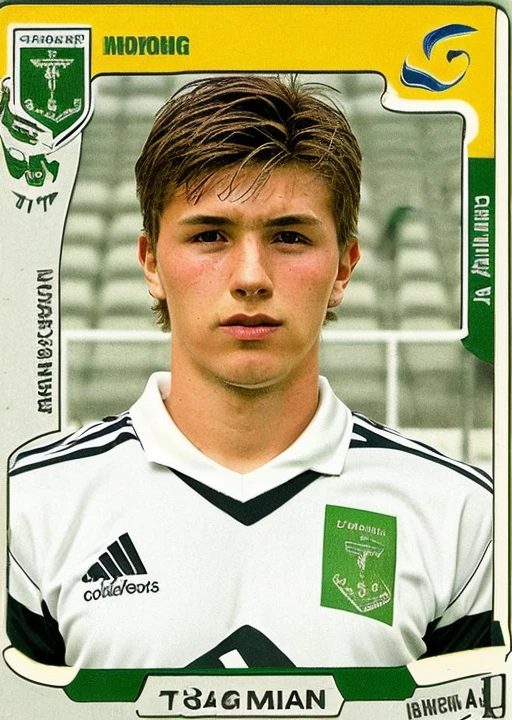 pa_fb_st , 1boy, male focus, solo, sportswear, soccer uniform, Slovenian flag, english text,logo, <lora:Panini_Football_Stickers:1>