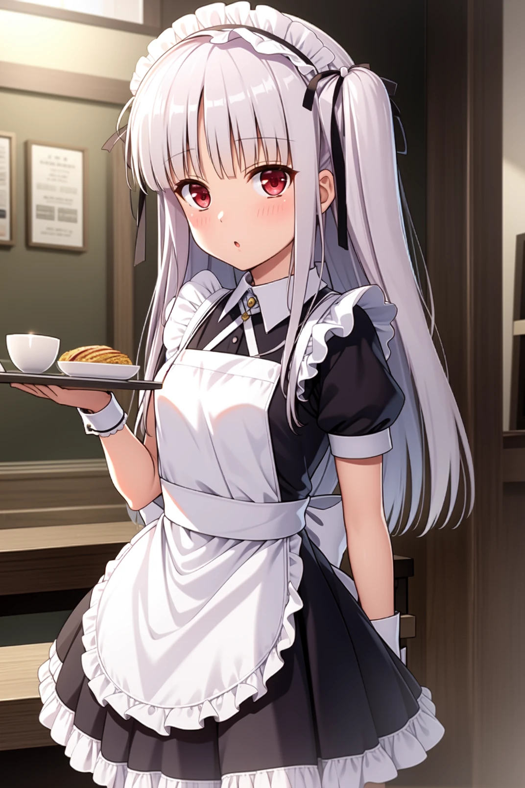  solo, masterpiece, best quality, indoors, bar place, looking at viewer, :o, closed mouth, blush, standing, cowboy shot, julie, red eyes, grey hair, long hair, two side up, blunt bangs, hair ribbon, black ribbon, maid headdress, maid dress, puffy sleeves, apron, holding tray