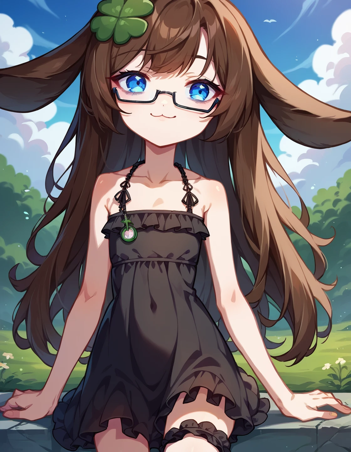 score_9, score_8_up, score_7_up, score_6_up, source_anime, rating_safe, 1girl, solo, <lora:Kiki PonyXL:1>, kiki, four-leaf clover hair ornament, lop rabbit ears, brown hair, long hair, bangs, blue eyes, flat chest, black dress, bridal garter, under-rim eyewear, black-framed eyewear, looking ta viewer, smile, outside