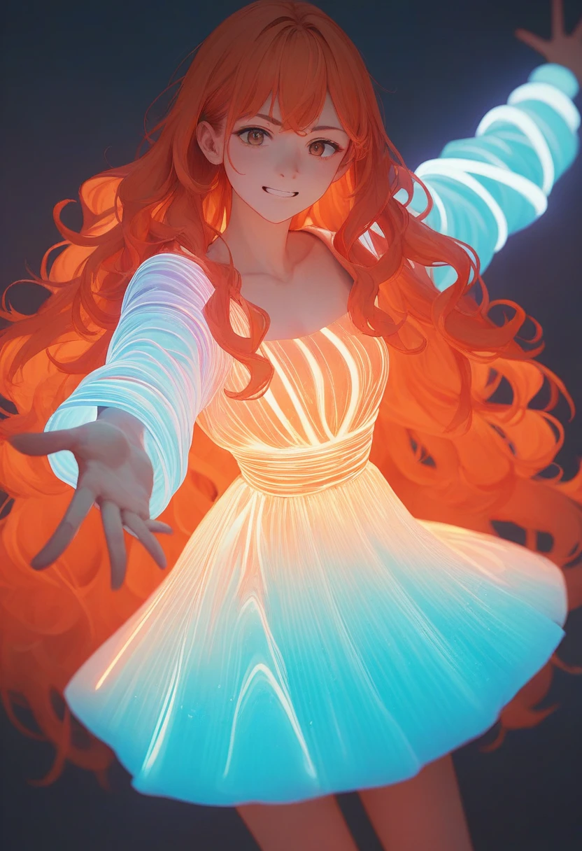 score_9, score_8_up, score_7_up, score_6_up, source_anime, <lora:laser_light_clothes_v0.5-pony:1>
1girl, orange hair, long hair, wavy hair, 
laser light dress, neon trim, reaching towards viewer,