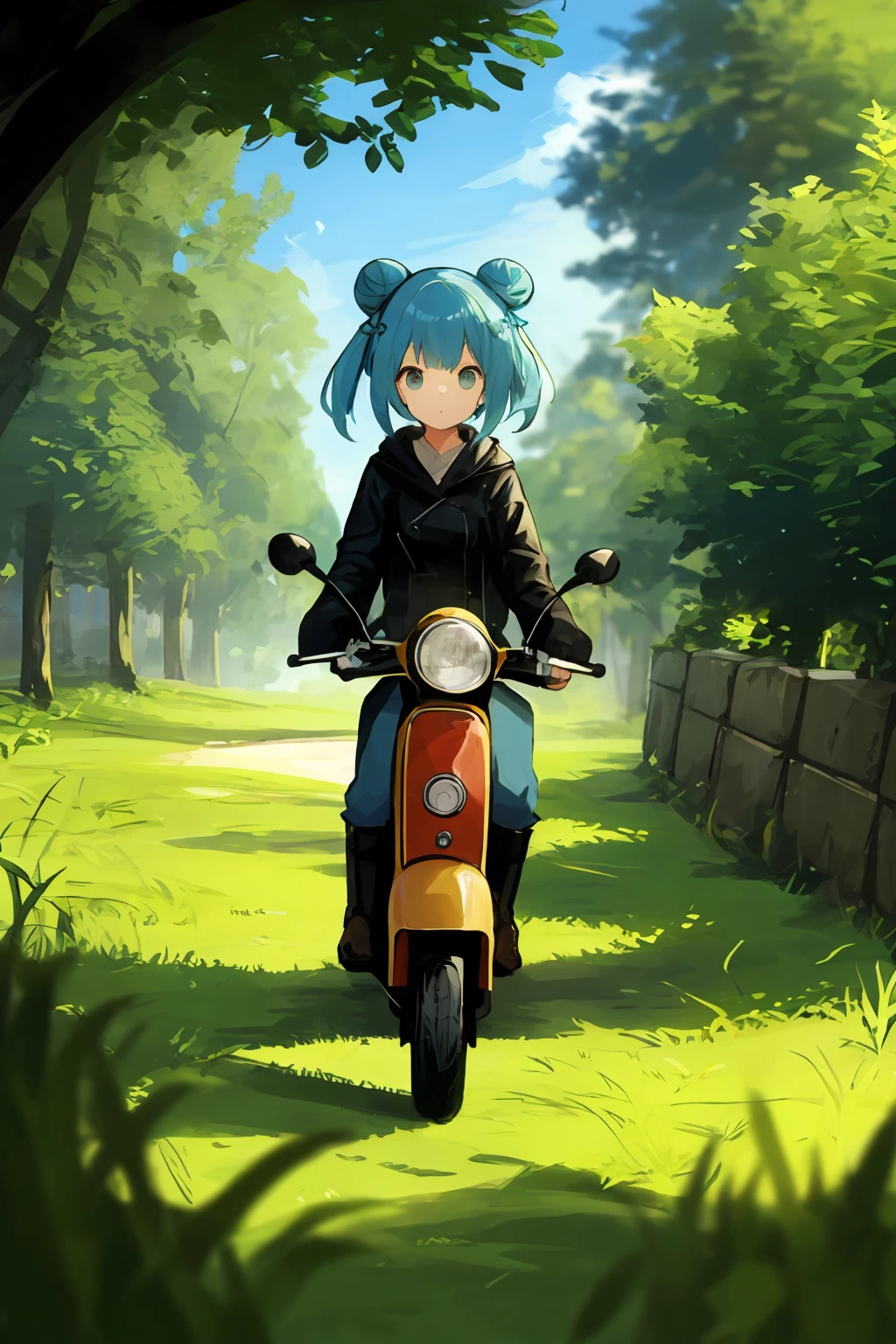 1girl, shima_rin, motor_vehicle, solo, letterboxed, ground_vehicle, scooter, outdoors, hair_bun, scenery, sky, blue_hair, blurry, grass, boots, single_hair_bun, wide_shot, long_sleeves,<lora:æç«é³æµª-000030:0.6>,