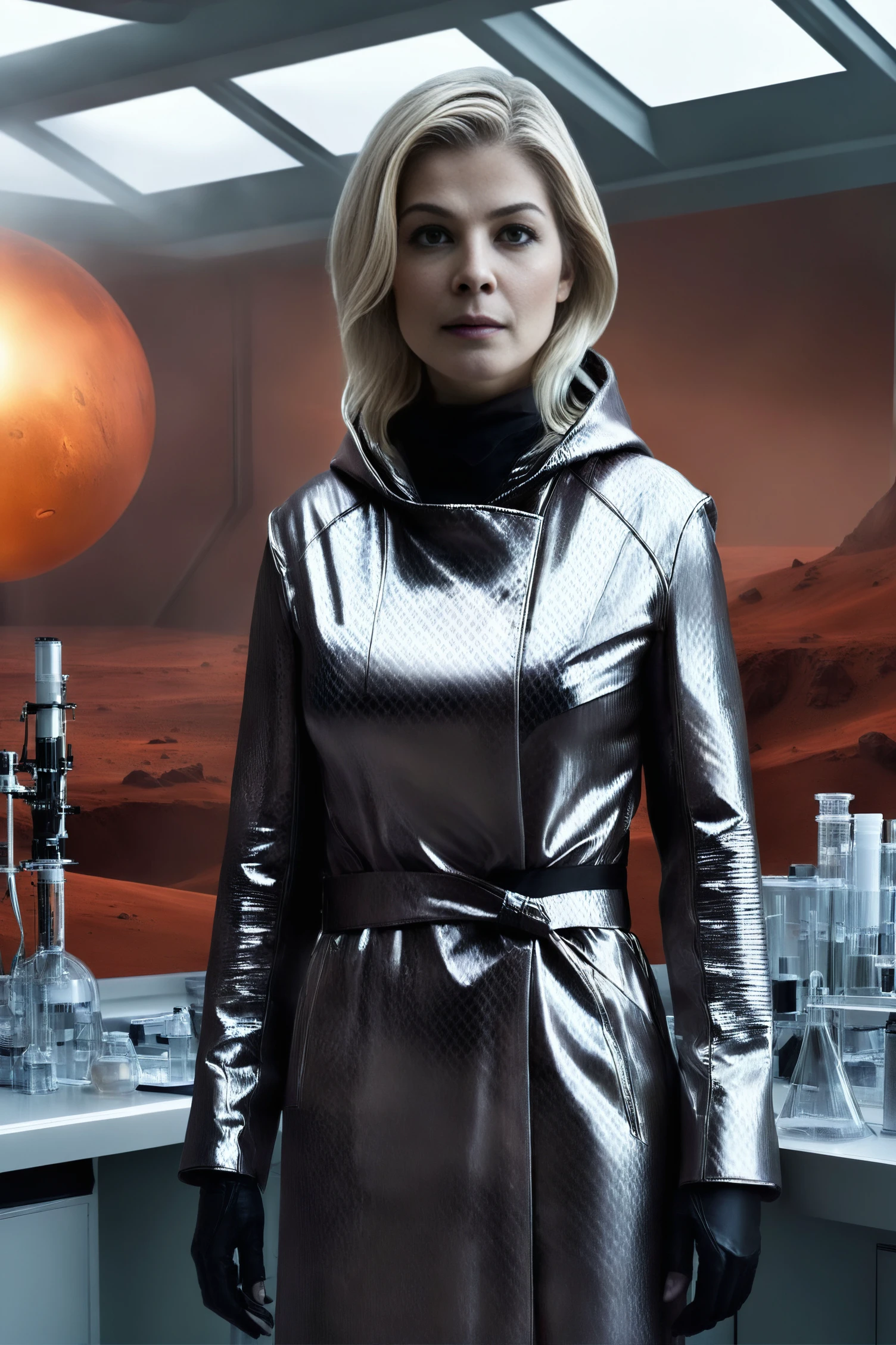 Dark Moody Atmosphere, Sci-Fi Films Photorealism <lora:RosamundPikeSDXL-000008:1>, RosamundPikeSDXL wearing skintight scientist carbon fiber robe, working in a chemistry laboratory, big window, on the surface of planet mars, alien landscape ouside, (looking at the viewer:1.2), horror aesthetics, Photorealism, often for highly detailed representation, photographic accuracy, or visual illusion., Sci-Fi Films, often for futuristic technology, space exploration, or science fiction concepts., dramatic, mysterious, dark moody atmosphere