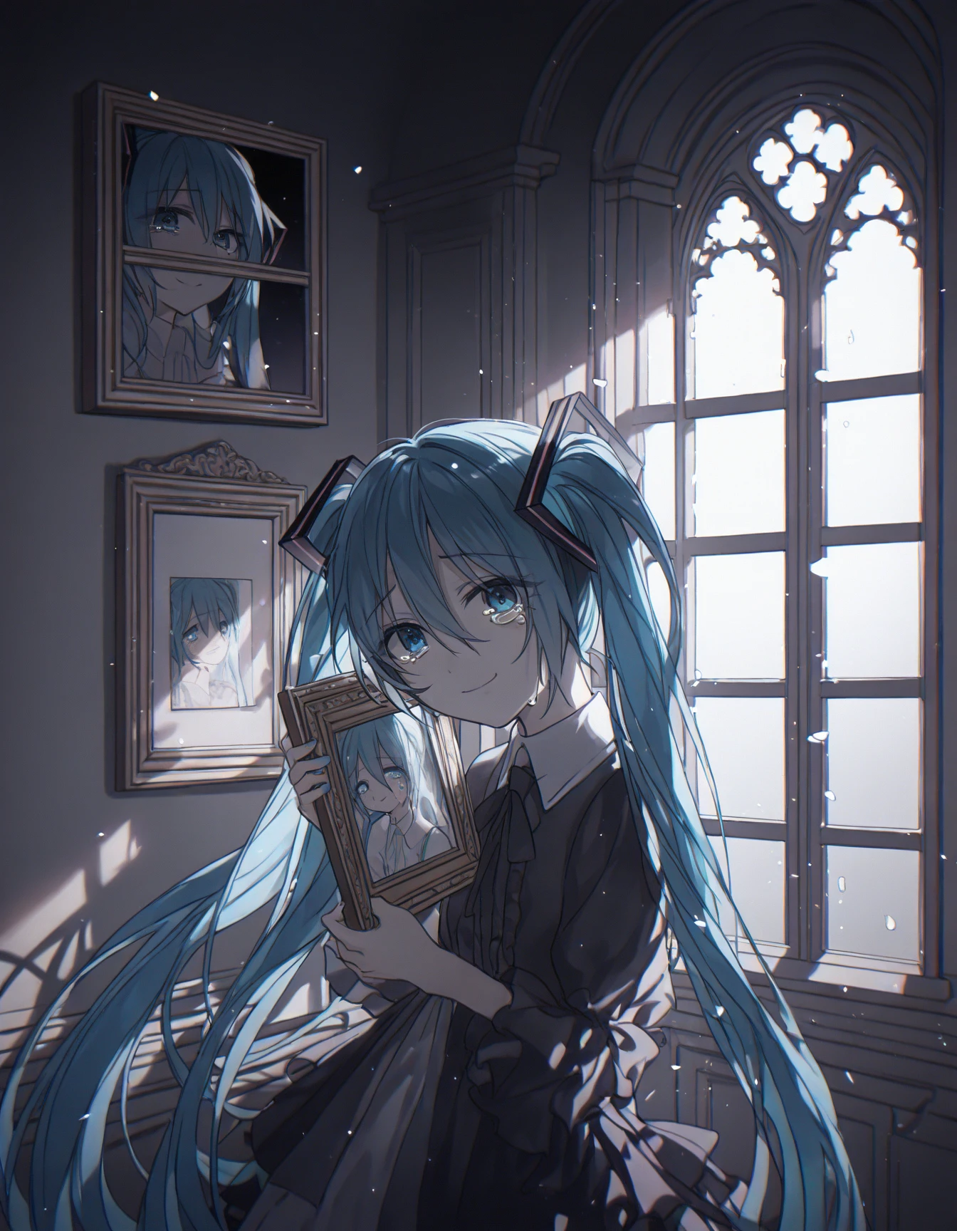 <lora:kika:0.7>, 1girl, upper body, holding, picture frame, backlighting, indoors, window, hatsune miku, crying with eyes open, blue eyes, smile, looking at viewer, photo \(object\), androgynous