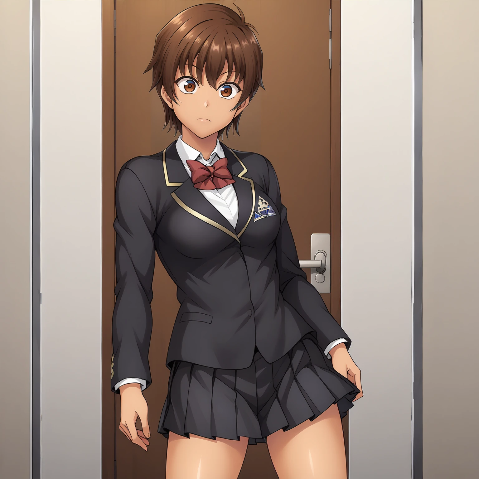 <lora:NagisaFujimaXLpony001>,
solo,
NagisaFujima,1girl,brown hair,short hair,brown eyes,tan,
school_uniform,black blazer,red bowtie,
pleated_skirt,black skirt,
black socks,