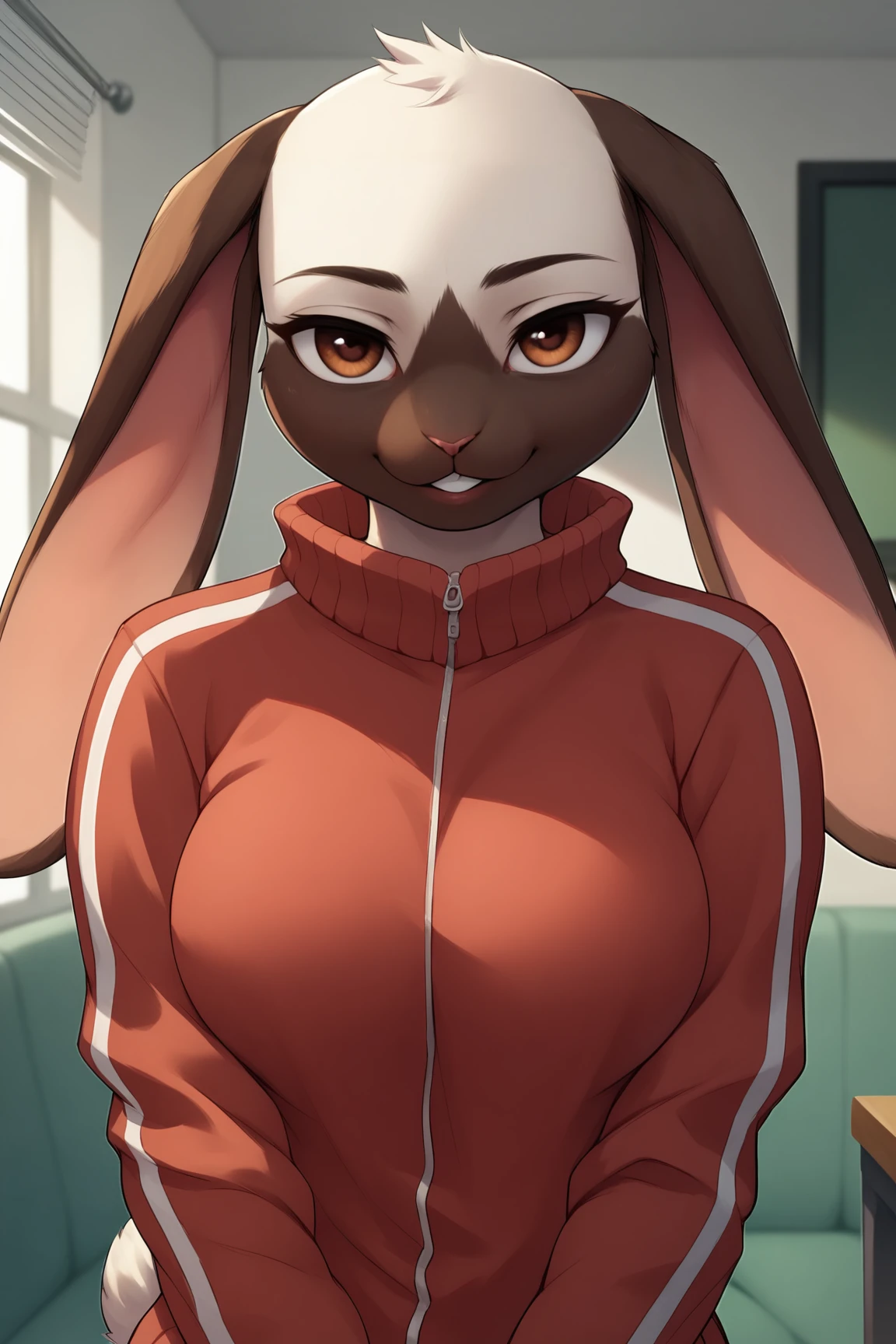 score_9, score_8_up, score_7_up, score_6_up, score_5_up, score_4_up, KyuuBSXL, anthro furry, furry female, white fur, two-tone fur, brown eyes, animal ears, rabbit ears, rabbit tail, snout, large breasts, red track jacket, (jacket closed), solo, front view, (portrait, upper body), solo focus, seductive smile, looking at viewer, indoors <lora:KyuuBSXL:0.8>