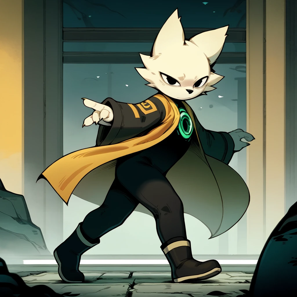 best quality, high quality, anthro, yi, male, mystic hero, nine sols, side view, running,
white fur, without a mouth, small black nose, black eyes, green ring on chest, 
clothes, black shirt, black pants, black boots, 
yellow cape, full body, detailed background,  <lora:fluffyrock-quality-tags-v4:1>,  <lora:Yi_Nine_Sols_v1.3_200stepsperimage:0.7>