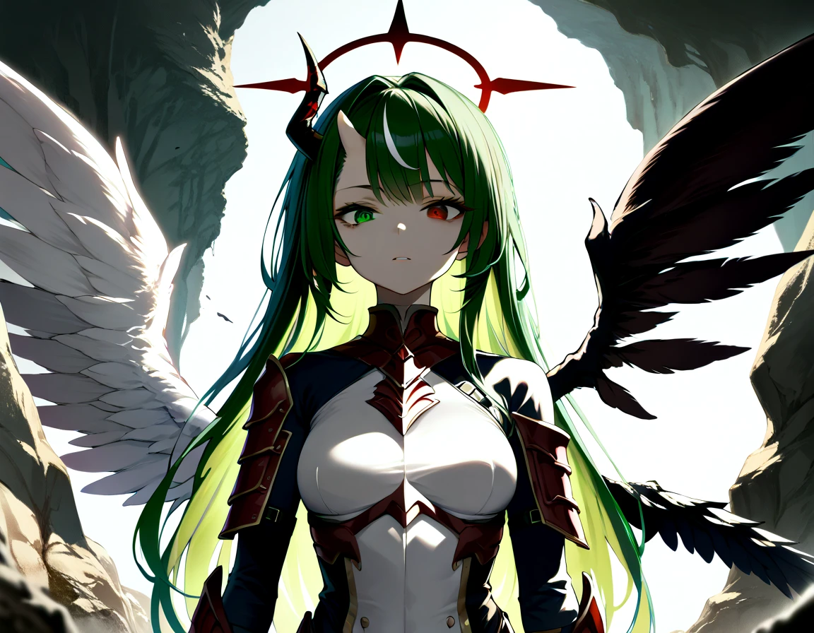 masterpiece,great,best,split theme,1girl,solo,cowboy shot,looking at viewer,outdoors,black wings,white wings,shadow,upper body,asymmetrical wings,broken halo,side horn,heterochromia,red eyes,green eyes,armor, contrast composition, cowboy shot,