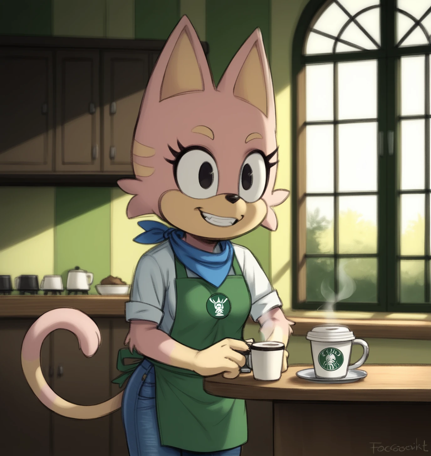 score_9, score_8_up, score_7_up, score_6_up, Detailed Background, BREAK
 <lora:Meowkie_Namco_High_for_PonyXL:0.62>, 1girl, furry, animal ears, black eyes, meowkie, neckerchief, tail, body fur, BREAK
coffee shop, uniform, apron, detailed background, jeans, blouse, grin, window, table, tray,