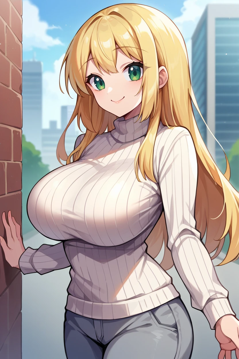 score_9, score_8_up, score_7_up, score_6_up, source_anime BREAK 1girl, solo  <lora:dsruri-pdxl-nvwls-v1-000005:1> dsruri, blonde hair, long hair, green eyes, large breasts, white sweater, turtleneck, grey pants, looking at you, smile, closed mouth, happy, city